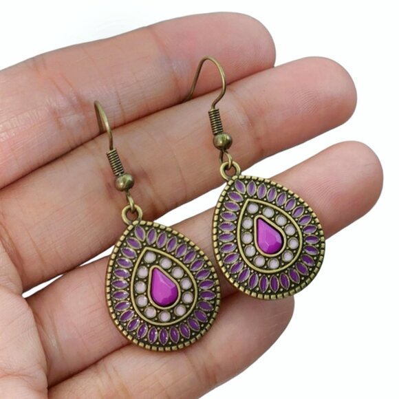 Multicolored Pear Bronze Earrings Dangle Bohemian Tribal Ethnic Y2K Purple - Picture 1 of 1